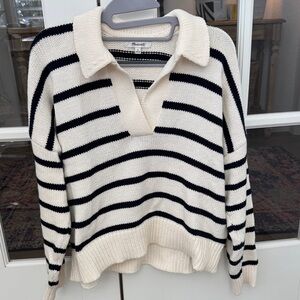 Madewell Women's V-Neck Sweater in Black and Cream Stripes
